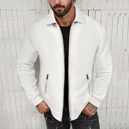 Teen Boys New Textured Waffle Zip Up Jacket Men's Casual Long Sleeve Coat With Zipper Pockets