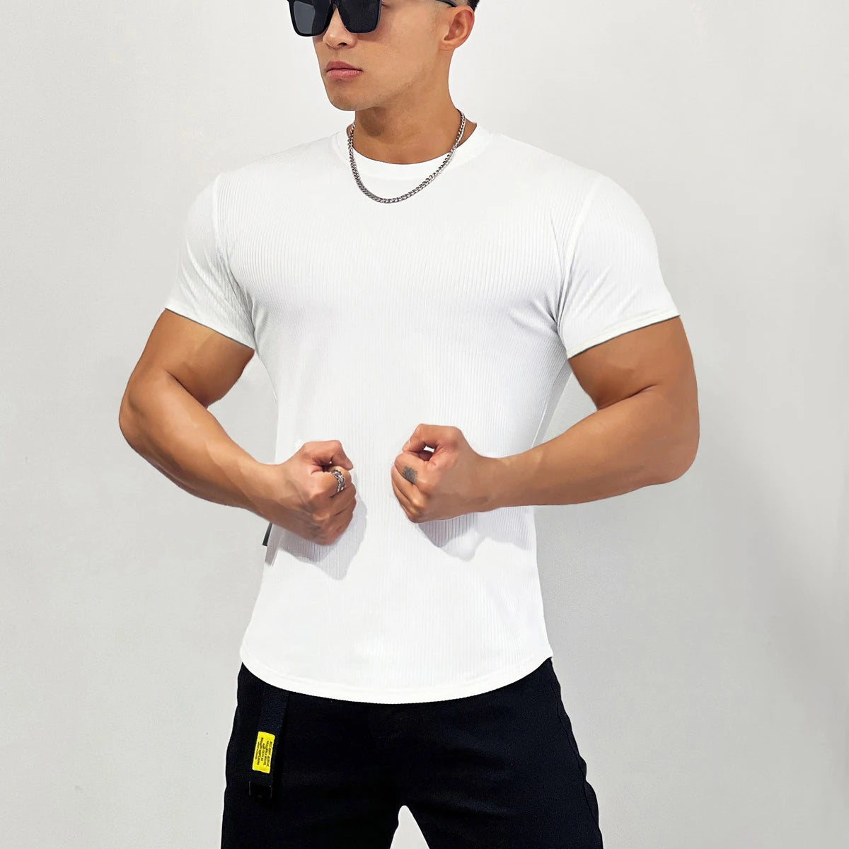 Men's Muscle Shirts Short Sleeve Casual Slim Fit Workout Tshirts Striped Curved Hem Light Weight Elastic