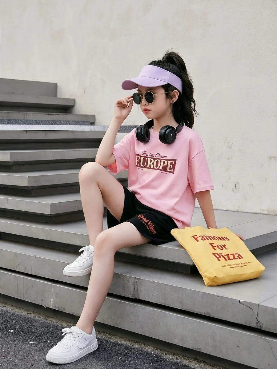 Teen Girls Clothing Set Summer Cotton Short Sleeve Top Shorts 2PCS Casual Europe Graphic Tee Distressed Print Clothes Set EU1
