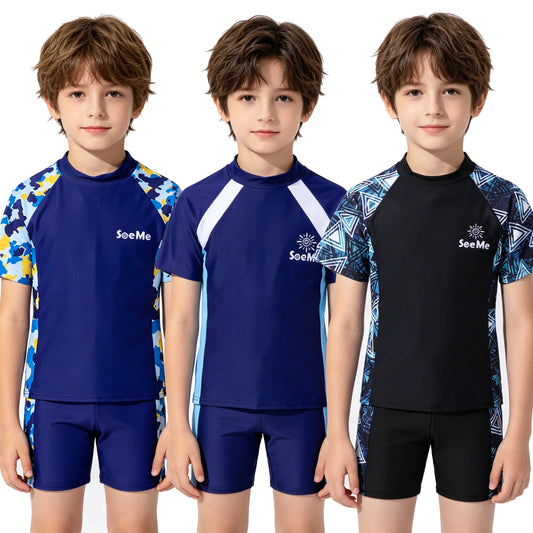 Boys Beach Swimsuits Cool Kids 2026 Toddler Swimwear Shirt and Shorts Swimming Sets Spf Blue Bathing Suit 3 4 5 6 7 8 9 10 Years