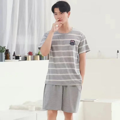 Men Pajama Set Cotton Short Sleeve Shorts Casual Striped Nightwear Loungewear Two-Piece Set Plus Size Summer Man Sleepwear
