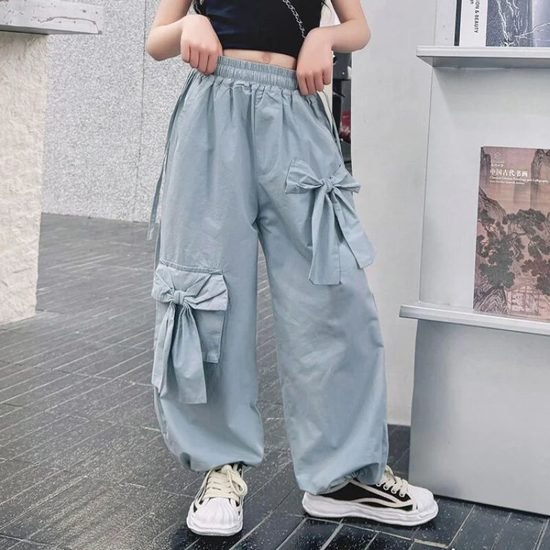 Girls Bow Cargo Pants 2025 New Kids Spring Sweet Trousers Children Autumn Fashion Loose Pants Teenager Wide Leg Clothing