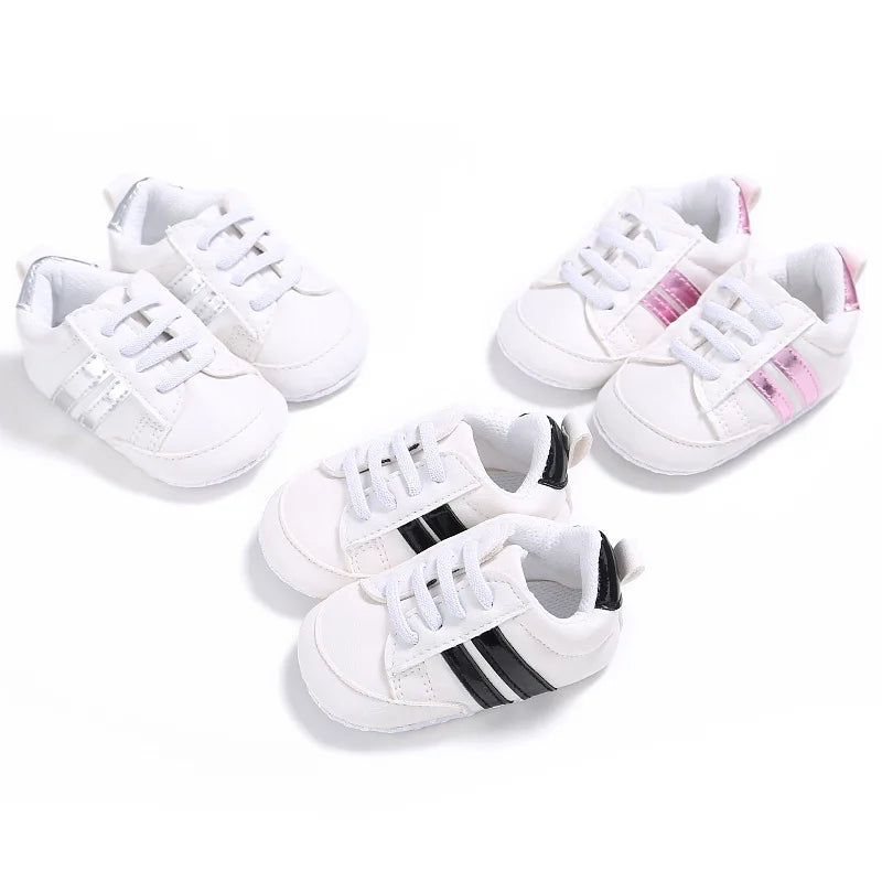 Newborn Baby Boys Shoes for 1 Year Footwear with Striped Infant Casual PU Leather Toddler Soft Sole Girls Sneakers First Walkers