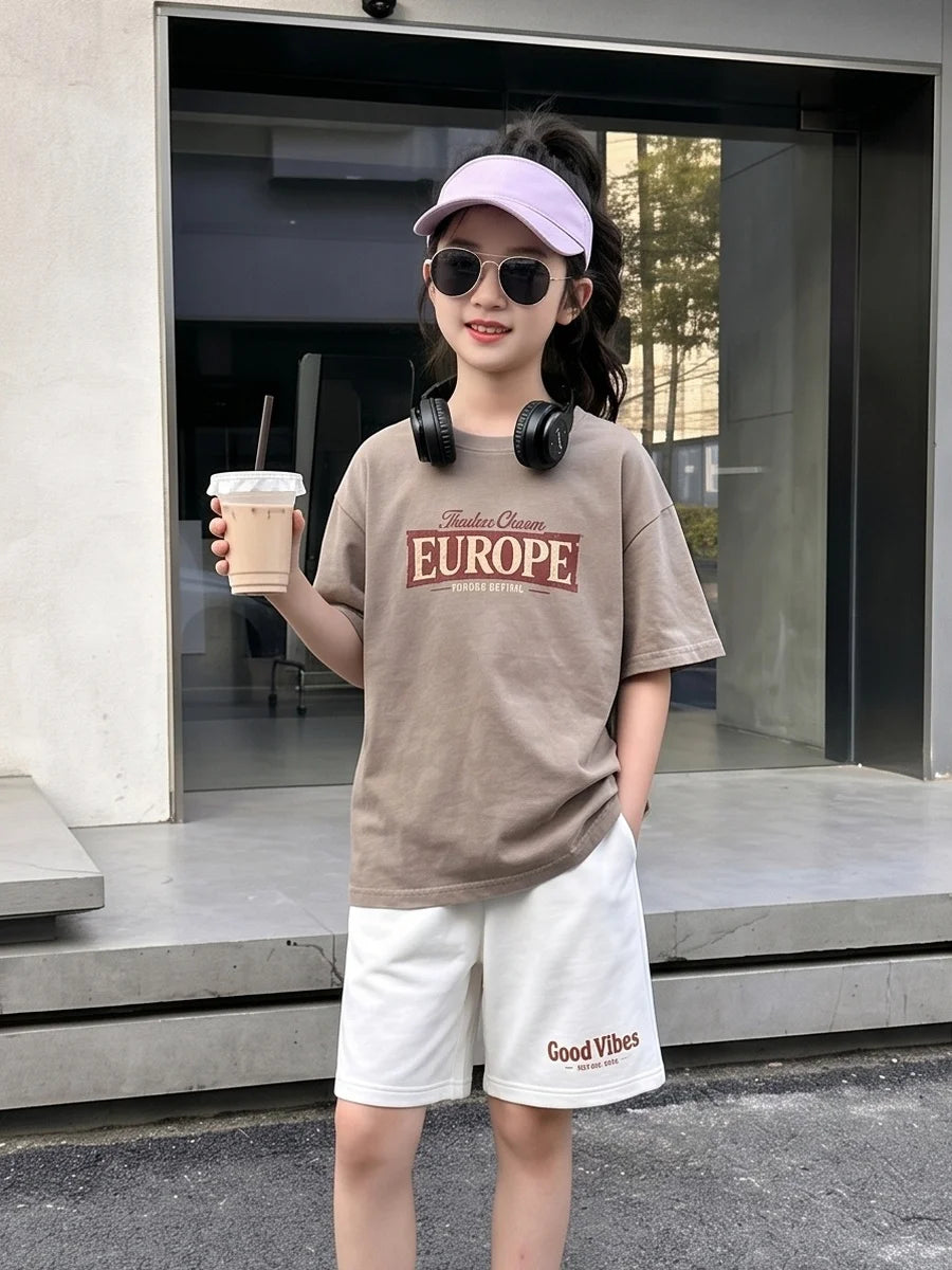 Teen Girls Clothing Set Summer Cotton Short Sleeve Top Shorts 2PCS Casual Europe Graphic Tee Distressed Print Clothes Set EU1