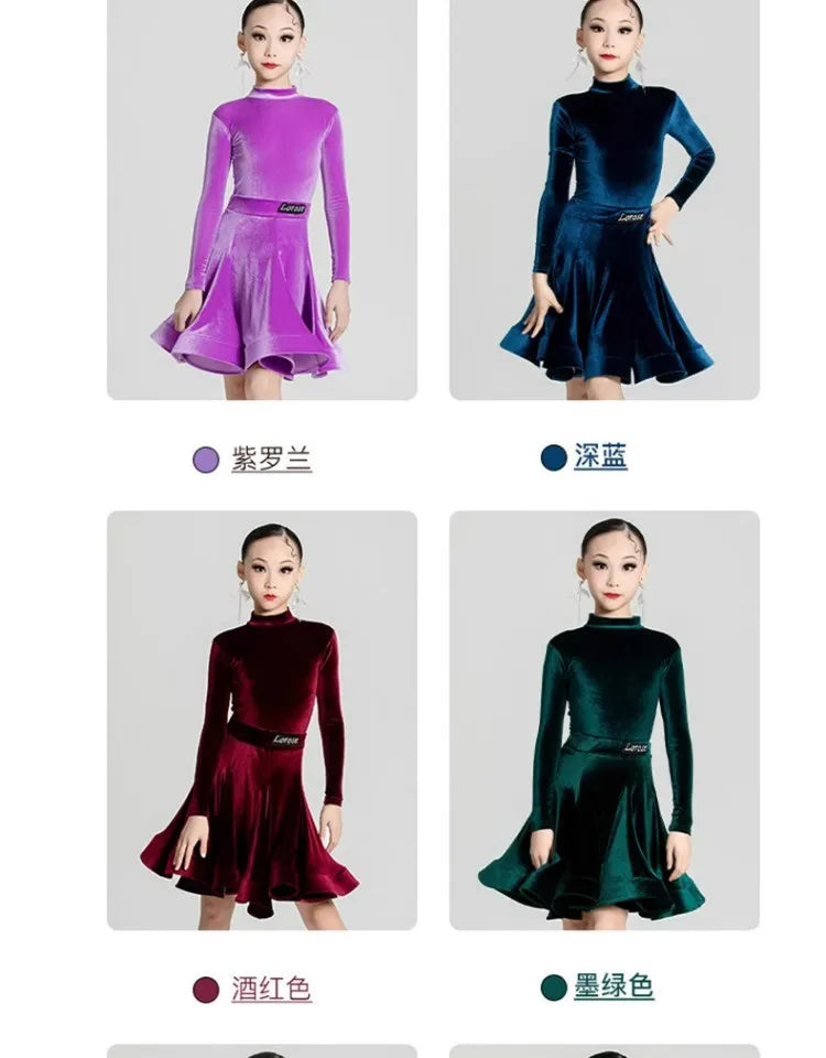 Girls' Latin Dance Dress Autumn/Winter Long Sleeve Professional Practice Dress Velvet Split Set Dance Performance Dress