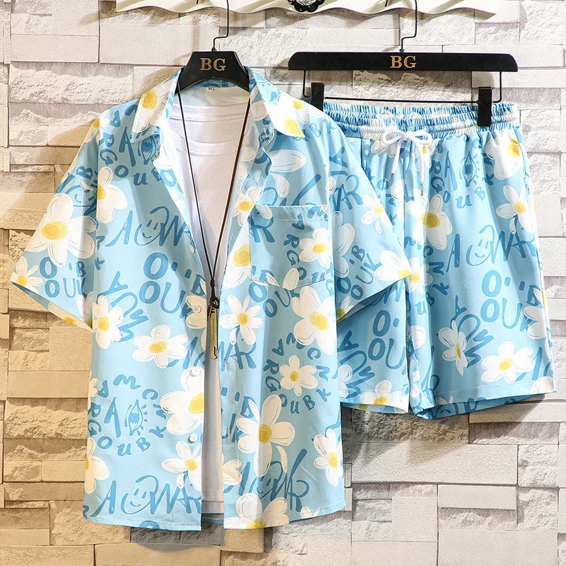 2-piece Fashionable Beach Men's Casual Printed Short Sleeved Shirt Summer Outfit New Shorts Set