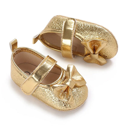 Cute Silver Gold Baby Girls Shoes Bow Princess Shoes PU Anti-slip Soft Sole Infant First Walkers Newborn Crib Baby Shoes