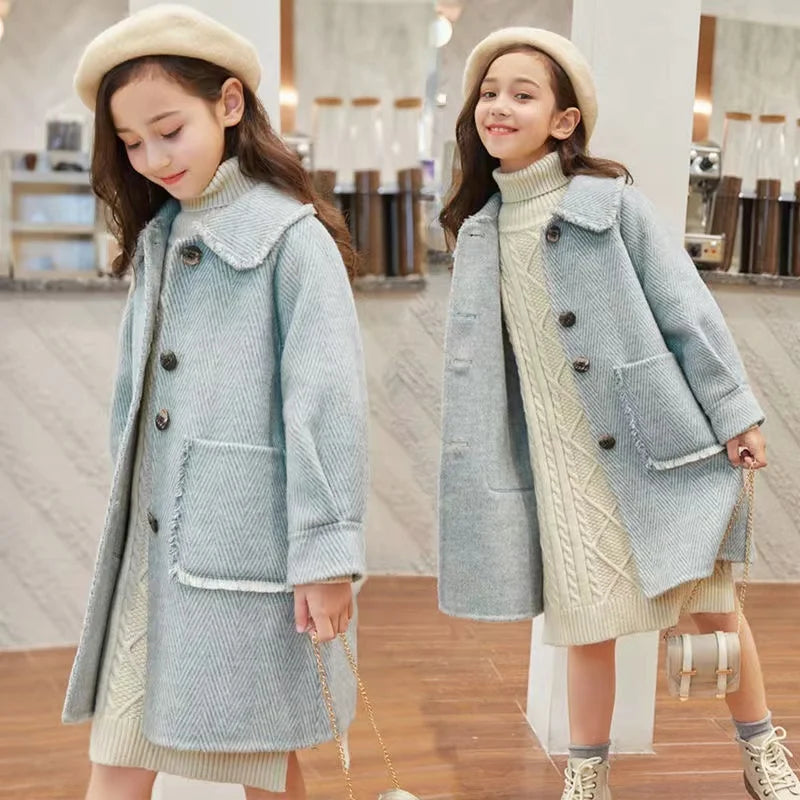 5 to 12 years old girls woolen coat 2024 autumn and winter new style thickened coat, medium long fashion baby girls outerwear