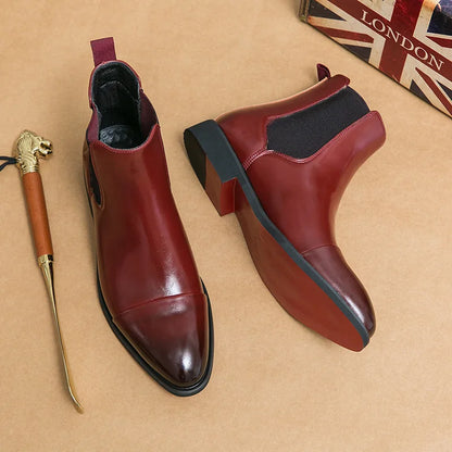 Men's Boots Business Ankle Boots Red Sole Pointed Toe Dress Boots British High Top Leather Shoes Slip-On Casual Men Chelsea Boot