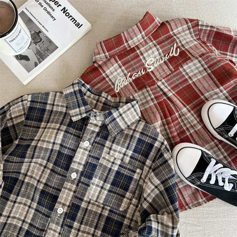 Children Shirts 2024 Autumn New Style Boys and Girls Embroidered Plaid Shirts Baby Versatile Shirts Fashion Jacket