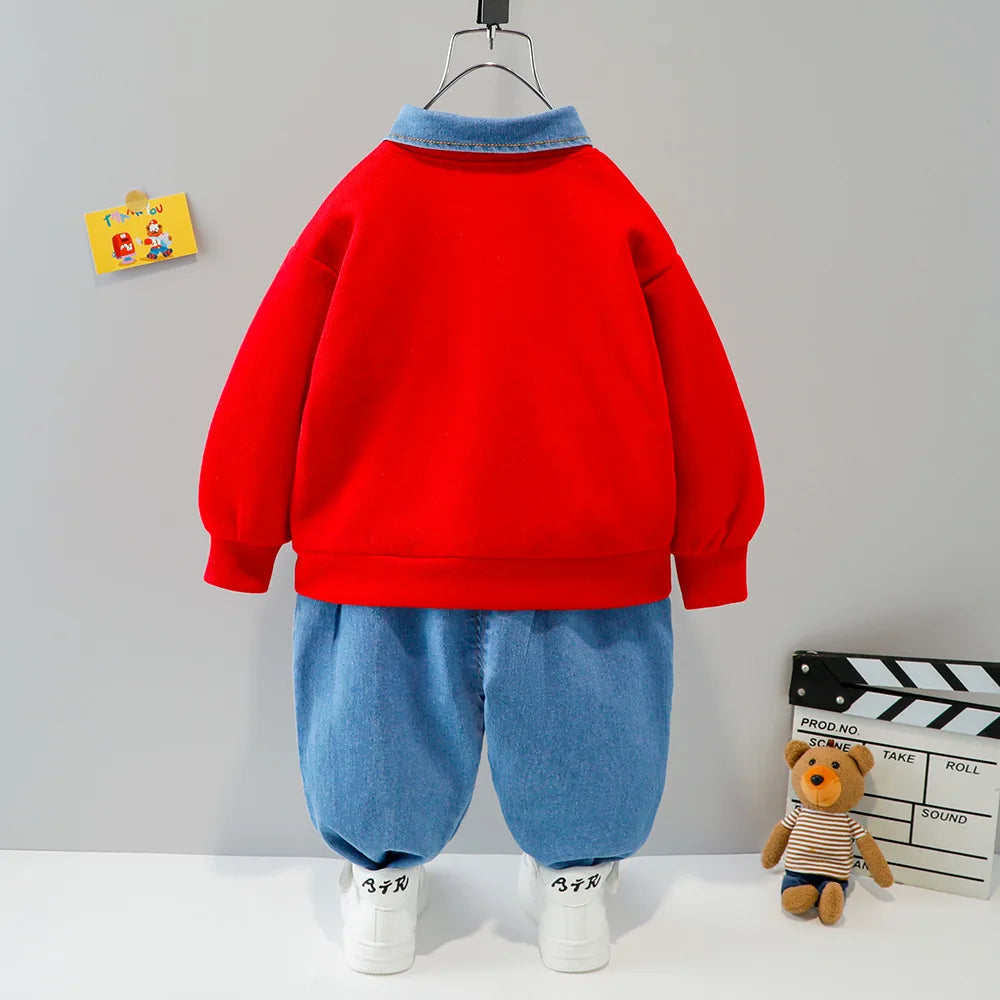 Baby boy clothes 0-4 years old spring and autumn long-sleeved suit boy cartoon lapel cotton sweater + jeans baby 2-piece set