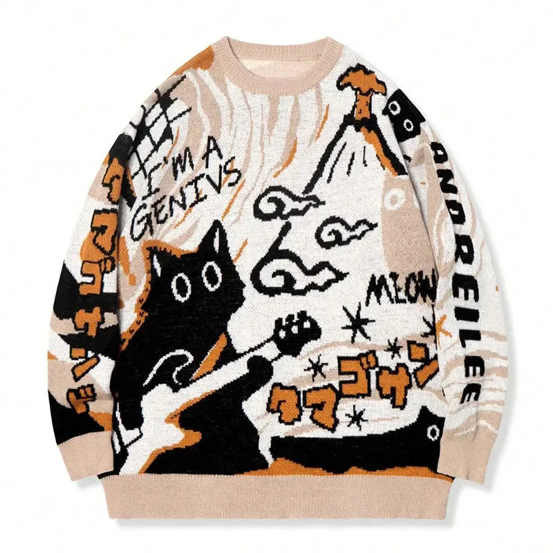Men's retro cartoon knitted sweater for warmth, pullover casual long-sleeved knitted sweater for 2025 autumn-winter season