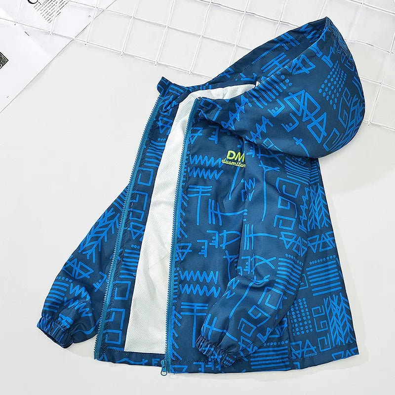 Teen Boys Casual Jacket Spring Autumn New Letter Print Thin Hooded Windproof Coat For 3-12 Years Kids Sports Outdoor Jacket