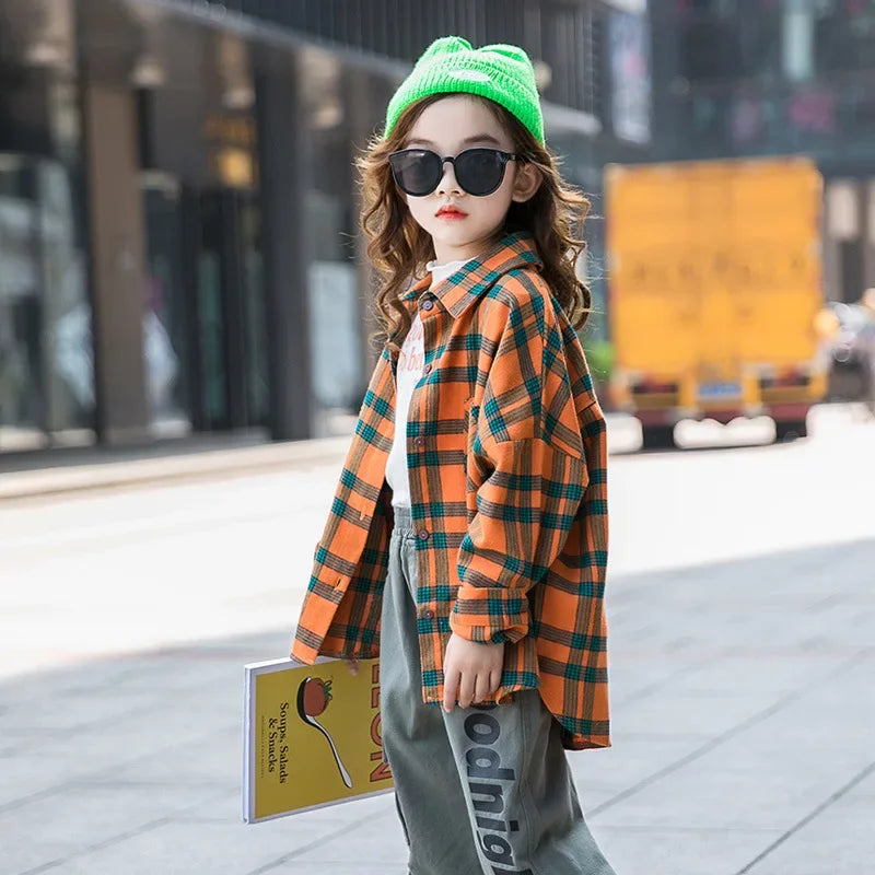 Girls Plaid Shirt 2026 Autumn Girls Clothes Teenage School Shirts for Girls Blouse Casual Children Tops 12 13 14 Kids Clothes