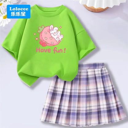 Girls' Trendy School Outfit - Cartoon Music Guitar Rabbit Print Tee + Plaid Skirt Two-Piece Set Teenage Girls Clothes Set