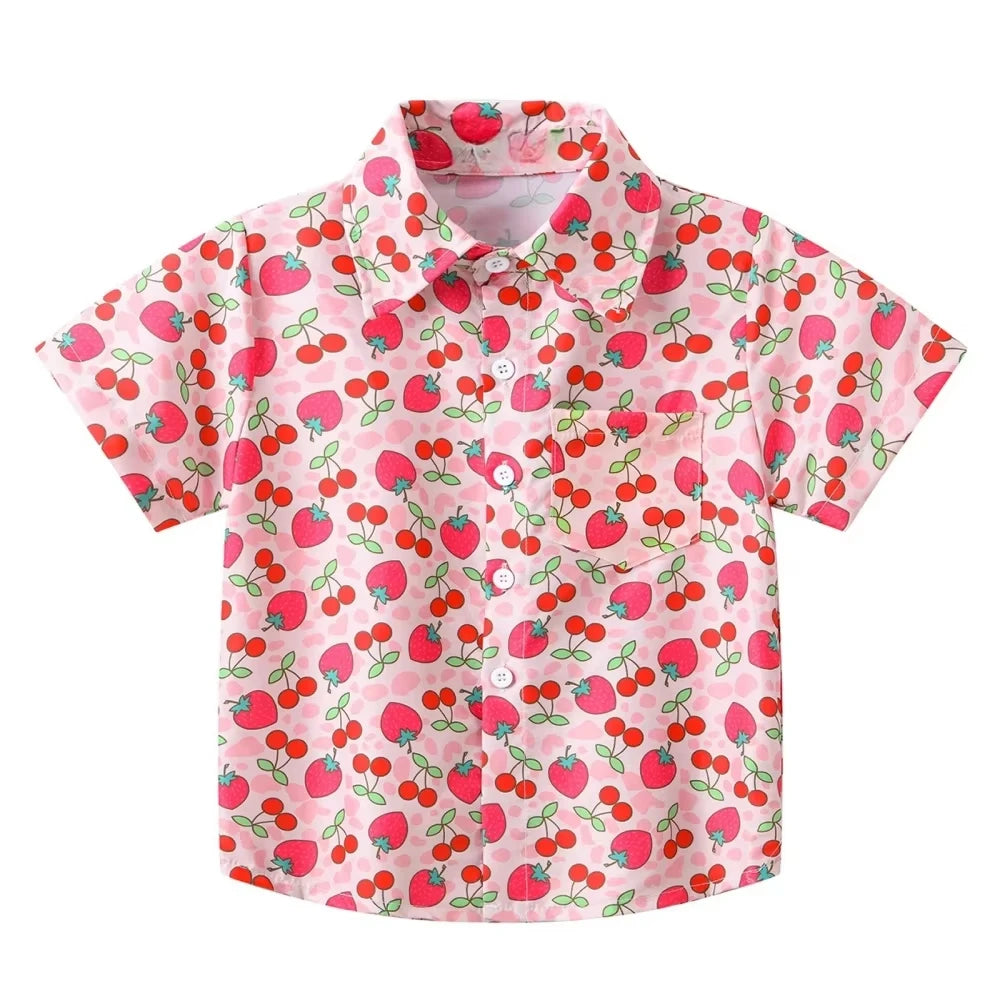 Girl Blouse Fashion Pink Flower Printed Children Top Lapel Short Sleeve Girl Clothes from 5 to 6 Years Top Shirts for Children