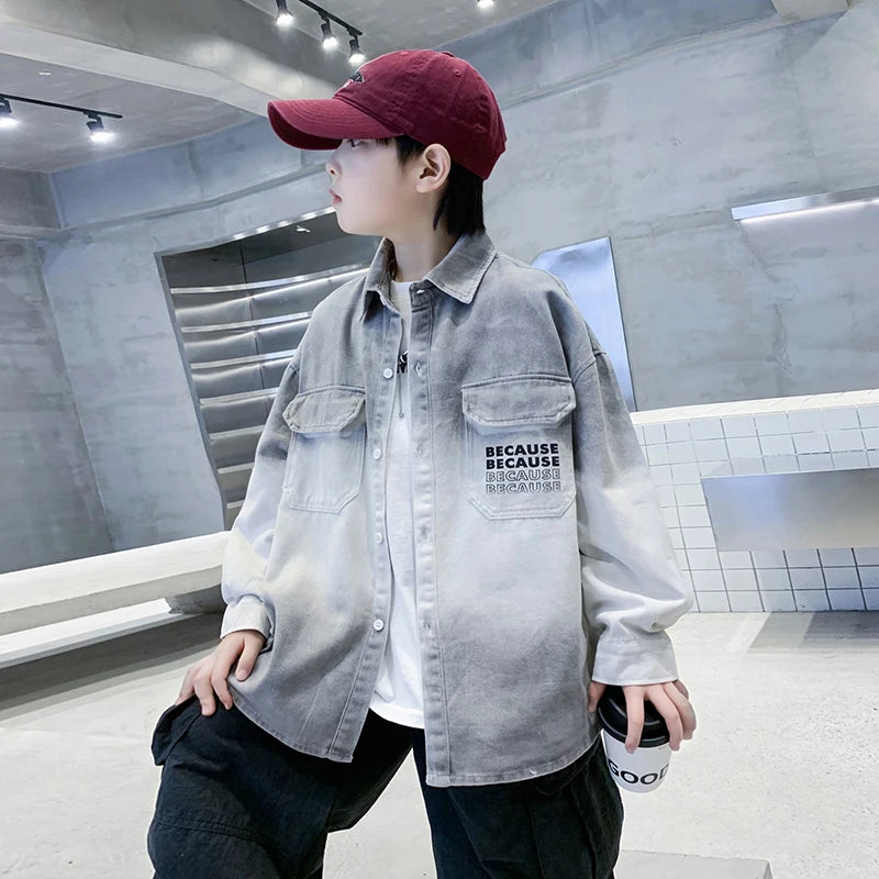 Loose Teenage Boy Gray Gradient Denim Shirt Jacket For Child Age 5 6 7 8 9 10 11 12 13 14 Years Kids Casual Spring Clothing Coat