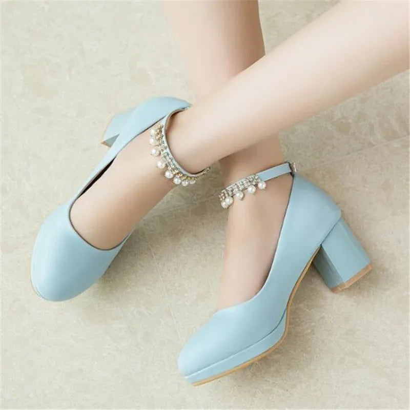 Children Girls High heel Shoes For Kids Princess Sandals Fashion  Pearl Thick Heel Shallow Female High heels For Party Wedding