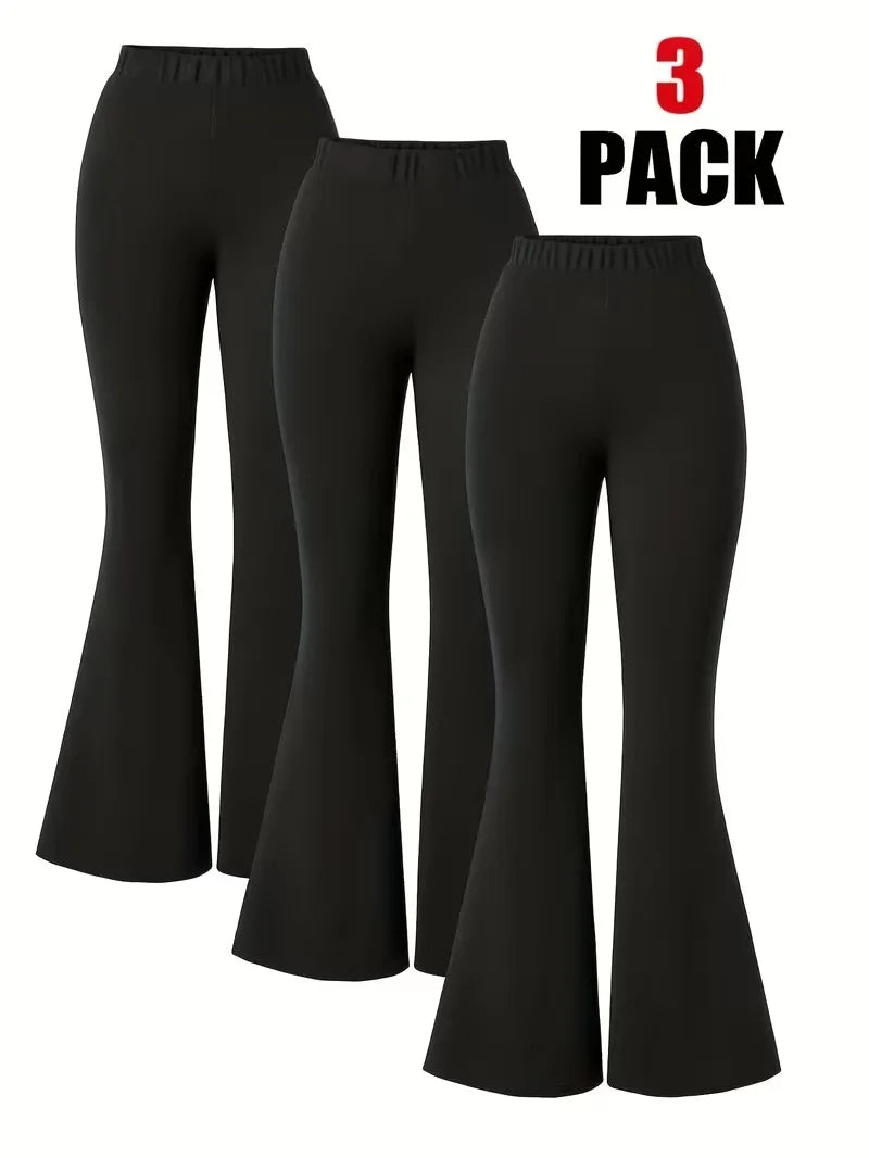Girls 3-Pack Solid Flared Pants – Black High Waist Elastic Flare Trousers for Kids