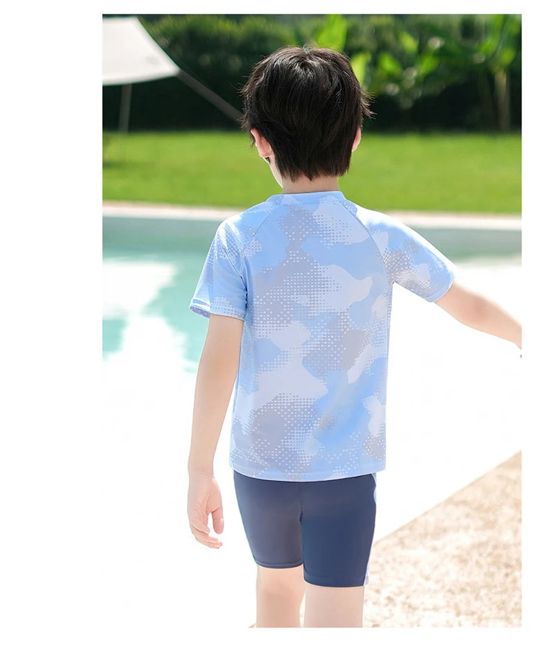 Boys Swimwear Two Piece Swimsuit Set Short Sleeve Rash Guard Top with Swim Trunks Kids Bathing Suit for Beach and Pool Swimming