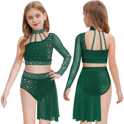 Girls Lyrical Dance Outfit One Shoulder Rhinestone Crop Top with Skirts Modern Contemporary Ballet Gymnastics Skating Dancewear