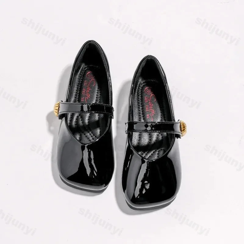 2025 Girl's Leather Shoes Square Toe Elegant Shallow Kids Mary Janes Flat Sole Comfy Children Single Shoes Girls Princess Shoes