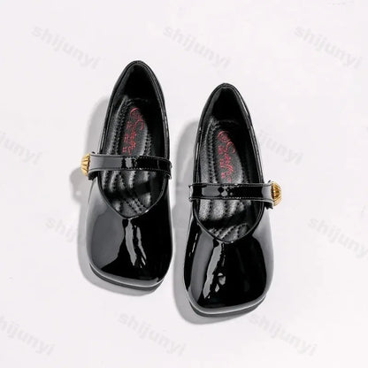 2025 Girl's Leather Shoes Square Toe Elegant Shallow Kids Mary Janes Flat Sole Comfy Children Single Shoes Girls Princess Shoes