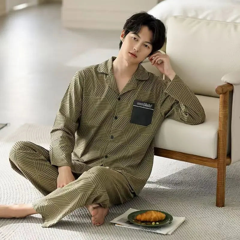 New Men's Pajamas Spring and Autumn Set, Can Be Worn Outside, Cardigan Loungewear, Casual Long-Sleeved, Large Size, Loose Fit, Autumn and Winter