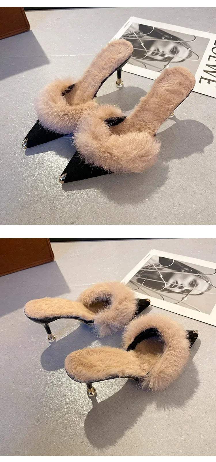 Women High Heel Shoes 2025 Fur Slippers Mules Pointed Toe Furry Slides Fashion Elegant Luxury Designer Flip Flops Office Pumps