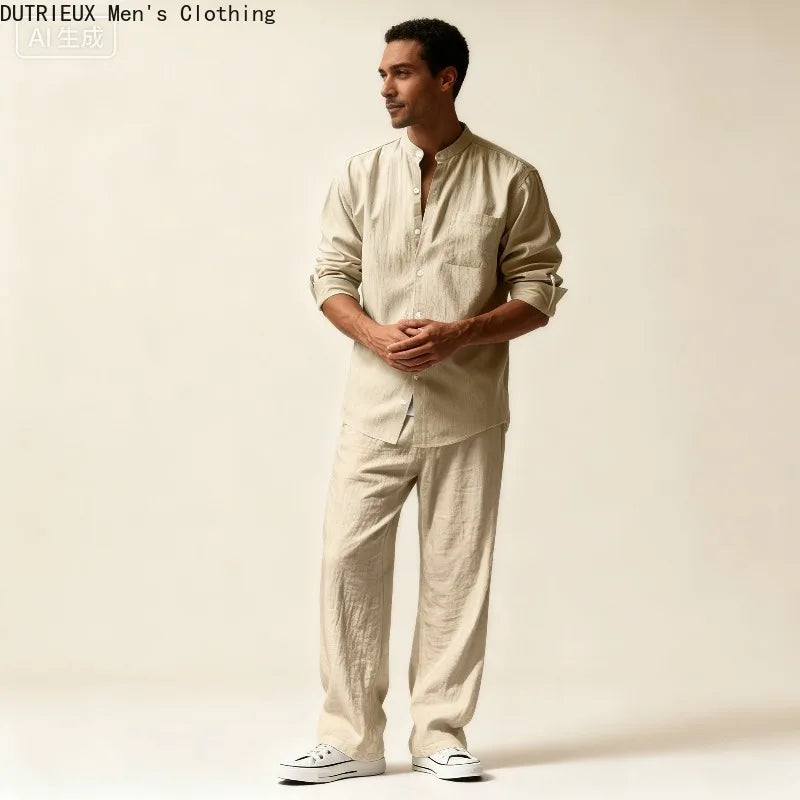 Fall Men's Cotton and Linen Two-piece Set, Oversized Simple Versatile Long-sleeved Shirt + Pants Comfortable Linen Suit for Men