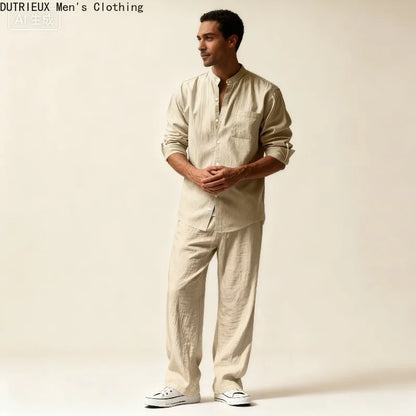 Fall Men's Cotton and Linen Two-piece Set, Oversized Simple Versatile Long-sleeved Shirt + Pants Comfortable Linen Suit for Men