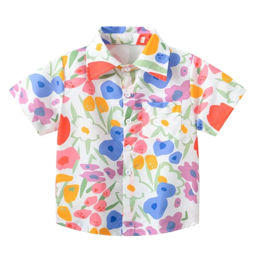 Girl Blouse Fashion Pink Flower Printed Children Top Lapel Short Sleeve Girl Clothes from 5 to 6 Years Top Shirts for Children