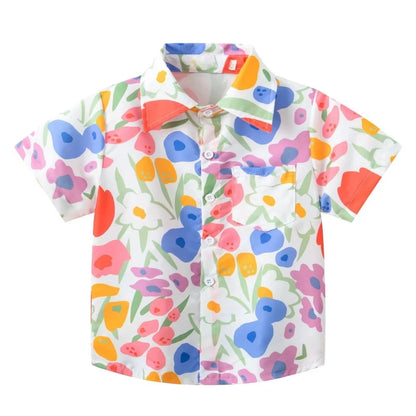 Girl Blouse Fashion Pink Flower Printed Children Top Lapel Short Sleeve Girl Clothes from 5 to 6 Years Top Shirts for Children