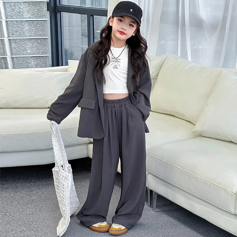 Spring Autumn Girls Blazer Suits Clothing Set Kids Jackets+Pants Fashion Loose Teenage Casual Outfits 4-14 child Casual Costumes