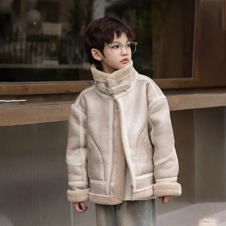 2026 Winter Kids Suede Leather Jacket Boys Girls Faux Fur Coat Thick Warm Fleece Outerwear Teen Children Top Clothes 2-15 Years