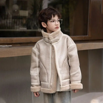 2026 Winter Kids Suede Leather Jacket Boys Girls Faux Fur Coat Thick Warm Fleece Outerwear Teen Children Top Clothes 2-15 Years