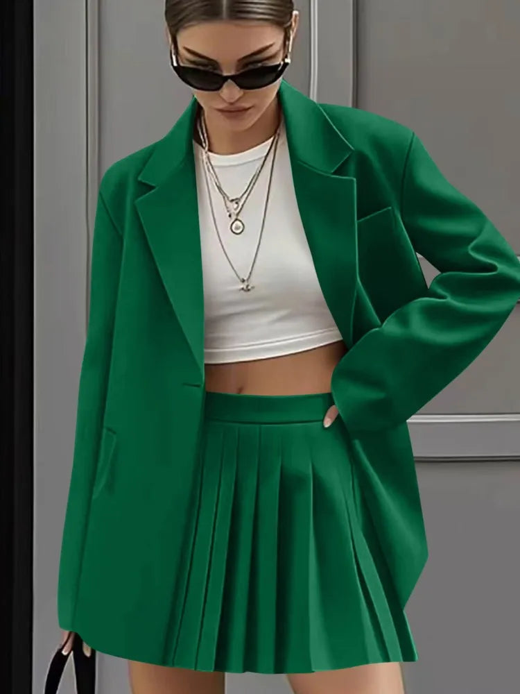 Women's New Fashion Casual Two-Piece Sets Pleated Skirt Suits Women Spring Autumn Office Ladies Solid Suit Coat And Skirt Set