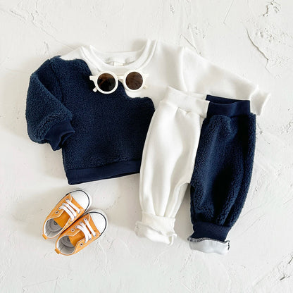 2Pcs Baby Boys Clothes New Casual Wear Lamb Wool Children Clothes Long Sleeves Sweatshirt Top Pants Color Block Kids Clothes