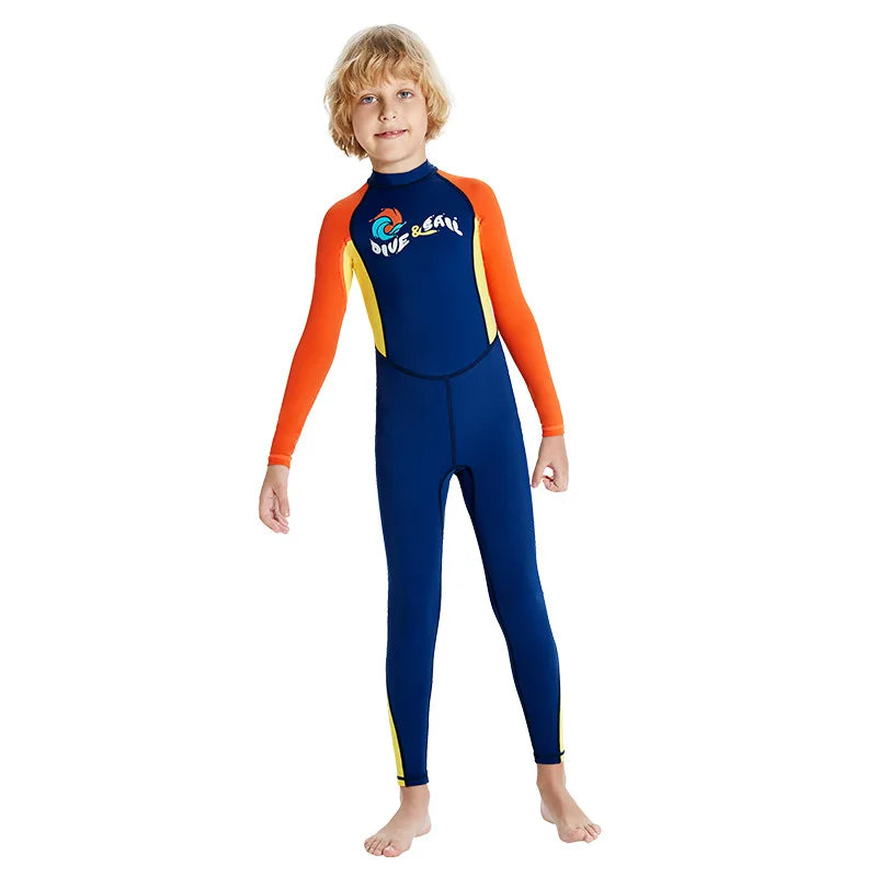 Boys Girls One-Piece Swimsuits Swimwear Long Sleeve Wetsuits Bathing Suit Beachwear Sun Protection(Including Swimming Cap)
