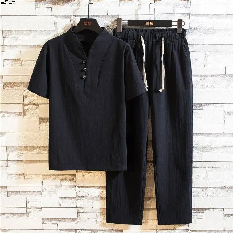 Chinese Style Summer Linen Suit Two-piece Set Men's Cotton Linen Short-sleeved T-shirt Loose Casual Pants