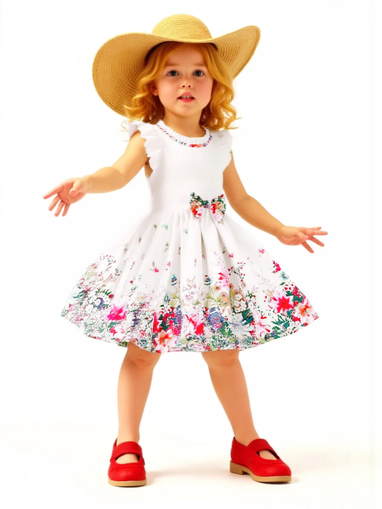 Girls Casual Dresses Denim Print Button Bow Ruffled sleeves Floral Tulle Cute Princess Formal Dresses Children Casual Dresses