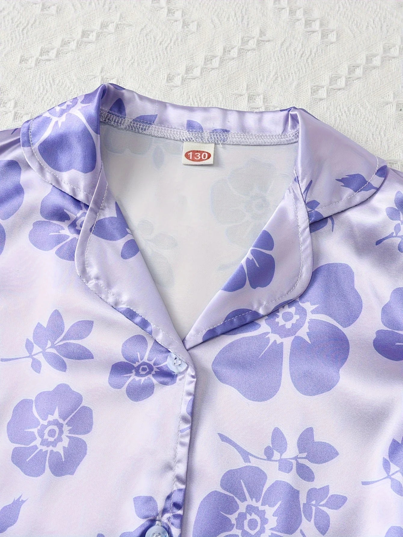 3-Piece Girls Purple Flower Print Satin Pajama Set - Comfortable Loungewear with Button Up Lapel Collar Blouse, Cami Top, Pants