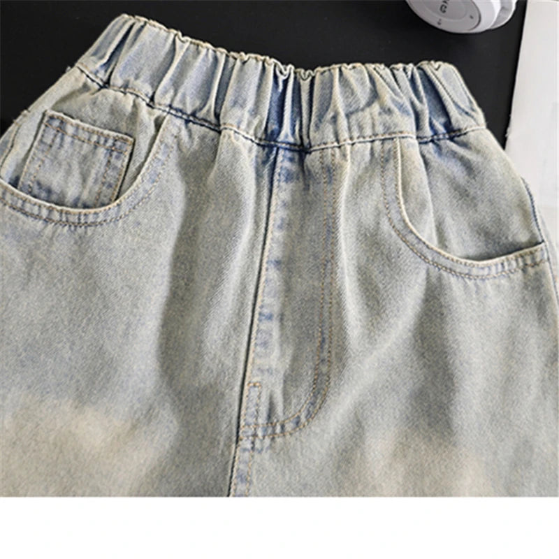 Kids Boy Loose Straight Denim Shorts with Pockets Children Fashion Trendy Hip-Hop Casual Mid Calf Jeans Shorts High Quality
