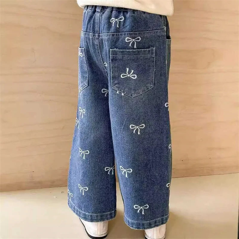 Girls Bow Wide Leg Jeans Autumn New Kids Loose Straight Denim Pants Toddler Casual Trousers Children Fashion Clothing 1-6Y