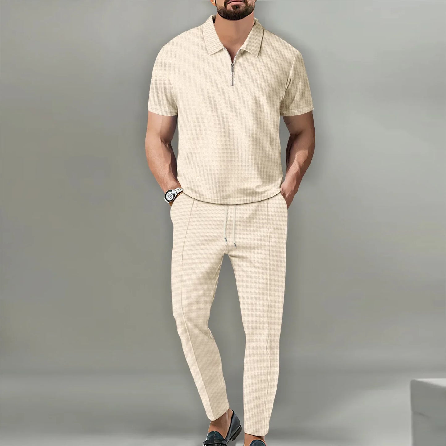 2026 Autumn New European and American Men's Solid Color Leisure Suit Waffle Collar Short-sleeved Zipper Pants Suit