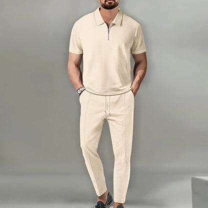 2026 Autumn New European and American Men's Solid Color Leisure Suit Waffle Collar Short-sleeved Zipper Pants Suit