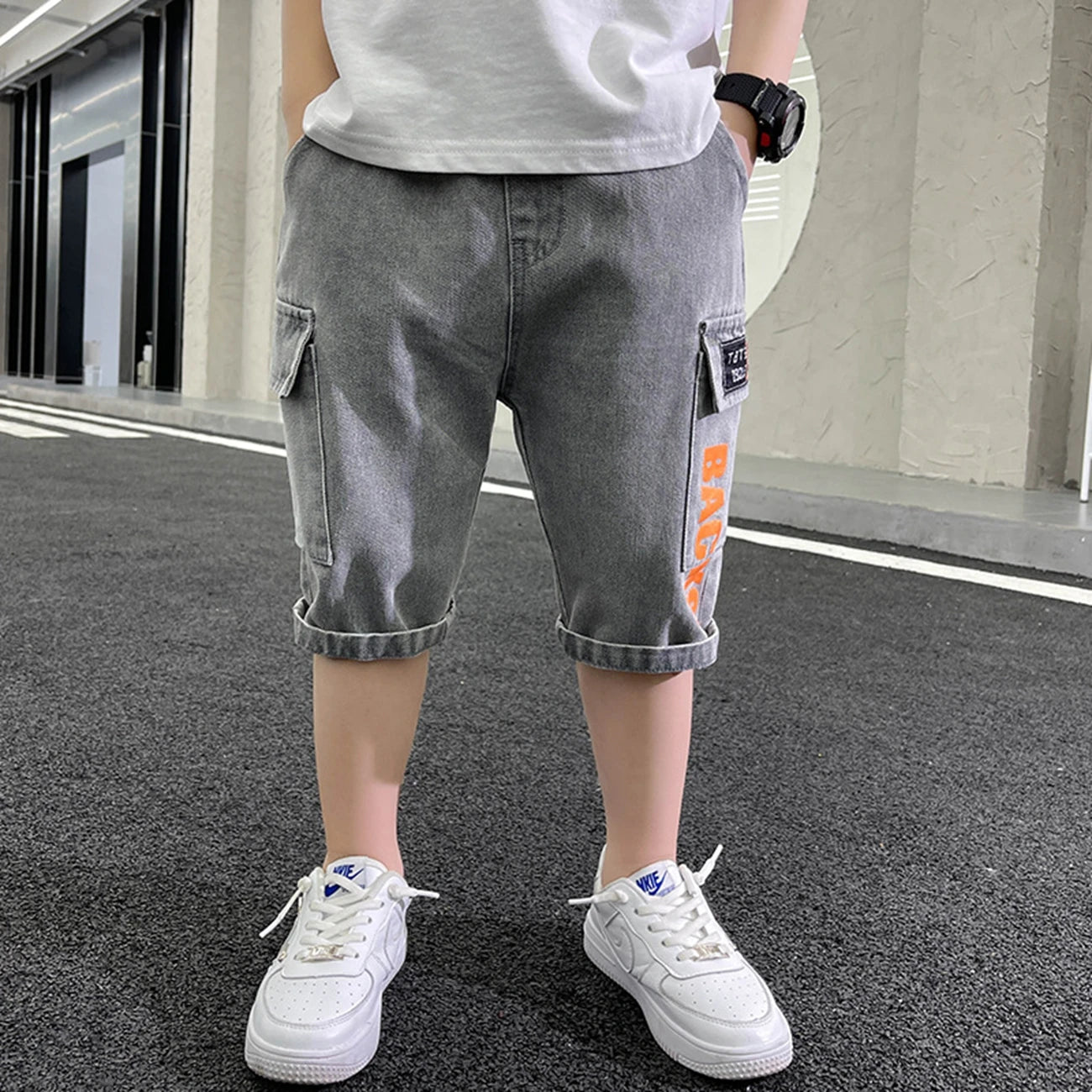 Teen Boys Cotton Shorts Summer Collection Solid Color Knee-Length Casual Crop Pants for 6-15 Years Old Kids