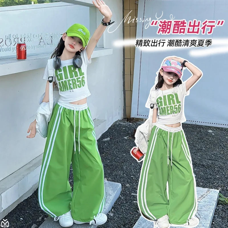 Teens Girls Clothing Sets Fashion Jazz Hip Hop Letter Top+stripe Sport Pants Two Pieces Suits for Kids Summer Streetwear Outfits
