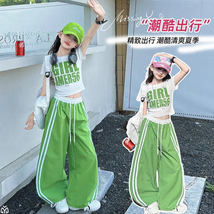 Teens Girls Clothing Sets Fashion Jazz Hip Hop Letter Top+stripe Sport Pants Two Pieces Suits for Kids Summer Streetwear Outfits