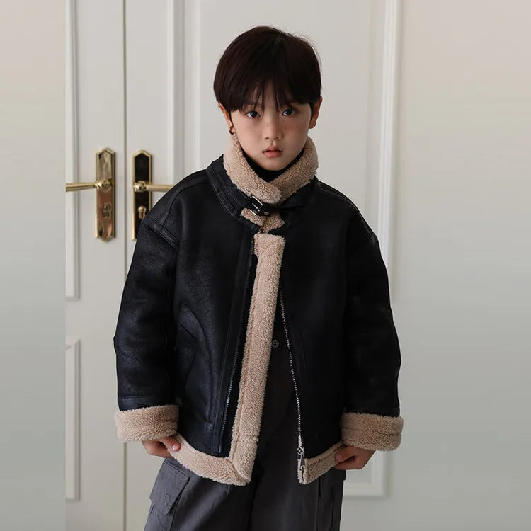 2026 Winter Kids Suede Leather Jacket Boys Girls Faux Fur Coat Thick Warm Fleece Outerwear Teen Children Top Clothes 2-15 Years